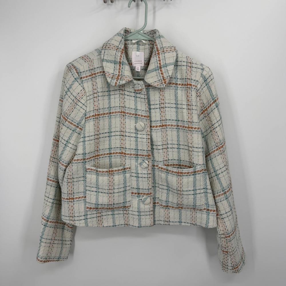 LC Lauren Conrad Tweed Jacket Women Size M Ivory Blue Orange Plaid Button Front